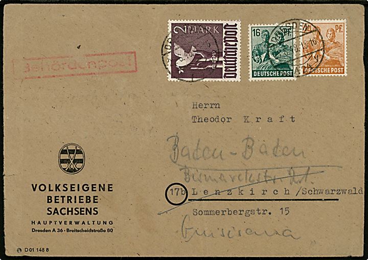 16 pfg., 24 pfg. og 2 mk. udg. på Zehnfach frankeret brev fra Dresden d. 25.6.1948 til Lenzkirch - eftersendt til Baden-Baden.