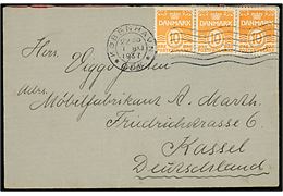 10 øre Bølgelinie i 3-stribe på brev fra København d. 1.5.1937 til Kassel, Tyskland.