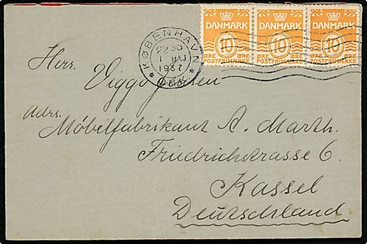 10 øre Bølgelinie i 3-stribe på brev fra København d. 1.5.1937 til Kassel, Tyskland.
