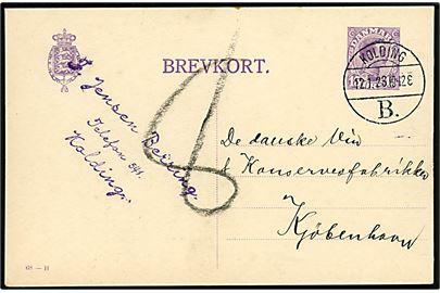 15 øre Chr. X helsagsbrevkort (fabr. 68-H) annulleret med brotype Vb Kolding B. d. 12.1.1923 til København.