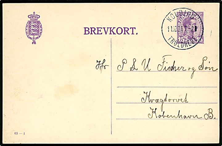 15 øre Chr. X helsagsbrevkort (fabr. 63-I) fra Hejnsvig annulleret med bureau stempel Kolding - Troldhede T.2 d. 14.10.1921 til København.