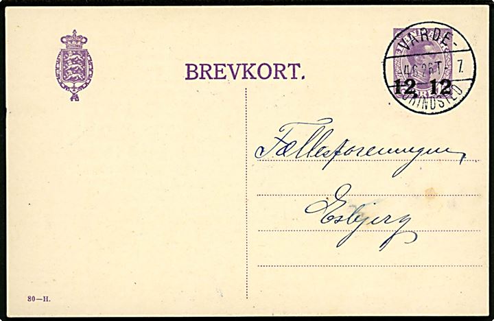 12/15 øre provisorisk helsagsbrevkort (fabr. 80-H) fra Ansager annulleret med godt bureau stempel Varde - Grindsted T.7 d. 4.6.1926 til Esbjerg.