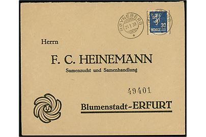 30 øre Løve single på brev fra Røyneberg d. 24.1.1930 til Erfurt, Tyskland.