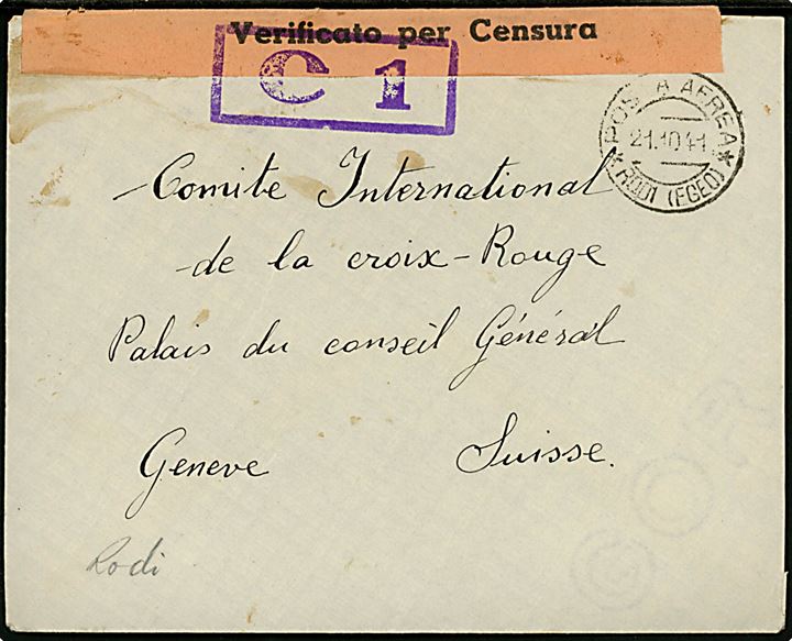 Italiensk post på Rhodos. 1 l., 1,25 l. og 1,50 l. Rodi udg. på bagsiden af brev stemplet Posta Aerea * Rodi (Egeo) d. 21.10.1941 til Internationalt Røde Kors i Geneve, Schweiz. Åbnet af lokal italiensk censur med rød fortrykt banderole med rammestempel C 1.  