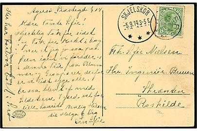 5 øre Chr. X på brevkort annulleret med stjernestempel AGERSØ og sidestemplet Skjelskør d. 5.9.1914 til Roskilde.