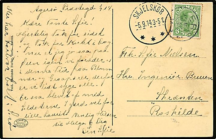 5 øre Chr. X på brevkort annulleret med stjernestempel AGERSØ og sidestemplet Skjelskør d. 5.9.1914 til Roskilde.