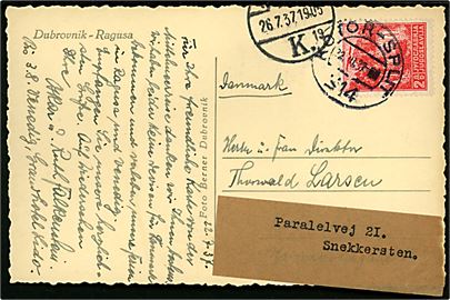 2 din. på brevkort fra Dubrovnik annulleret med bureaustempel Kotor - Split no. 314 d. 22.7.1937 til København - eftersendt til Snekkersten.