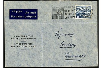 40 c. på fortrykt luftpostbrev fra European Office of the United Nations stemplet i Geneve d. 20.2.1952 til Svendborg, Danmark.