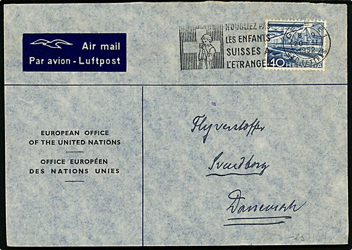 40 c. på fortrykt luftpostbrev fra European Office of the United Nations stemplet i Geneve d. 20.2.1952 til Svendborg, Danmark.
