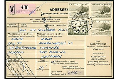 4 kr. Ejnar Mikkelsen og 25 kr. Moskusokse (3) på adressekort for værdipakke fra Holsteinsborg d. 3.2.1982 til Bording, Danmark.