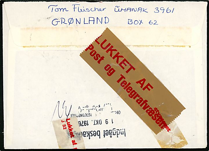 1,50 kr. Postbefordring single på brev fra Umanak d. 13.10.1976 til Fakse, Danmark. Stemplet Indgået beskadiget d. 19.10.1976 og lukket af Post og Telegrafvæsenet.