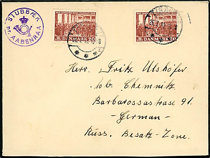 20 øre Grundloven (2) på brev annulleret Tinglev d. 26.7.1949 og sidestemplet med violet posthornstempel STUBBÆK pr. AABENRAA til Chemnitz, Russisk Zone, Tyskland.