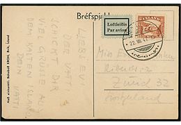 65 aur Gullfoss på luftpost brevkort fra Reykjavik d. 22.8.1947 til Zürich, Schweiz. 
