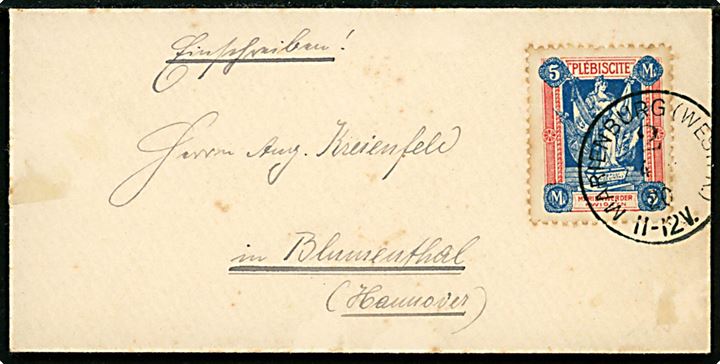 Marienwerder. 5 mk. single på filatelistisk brev fra Marienburg (Westpr.) d. 4.?.1920 til Blumenthal, Hannover.