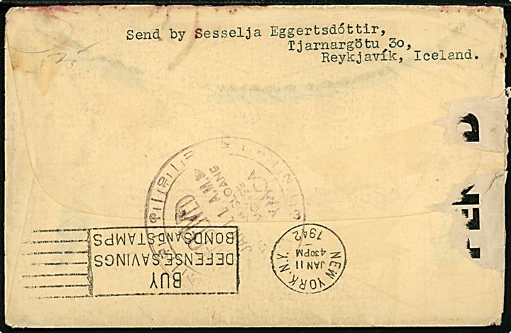 10 aur Sild i parstykke og 25 aur Snorre Sturlason på brev fra Reykjavik d. 23.11.1941 til New York, USA - eftersendt til Chicago. Åbnet af britisk censur PC90/4268. 