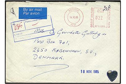 Luftpostbrev fra Kent, England, d. 14.11.1985 til København. Brevet med fængsels censur.