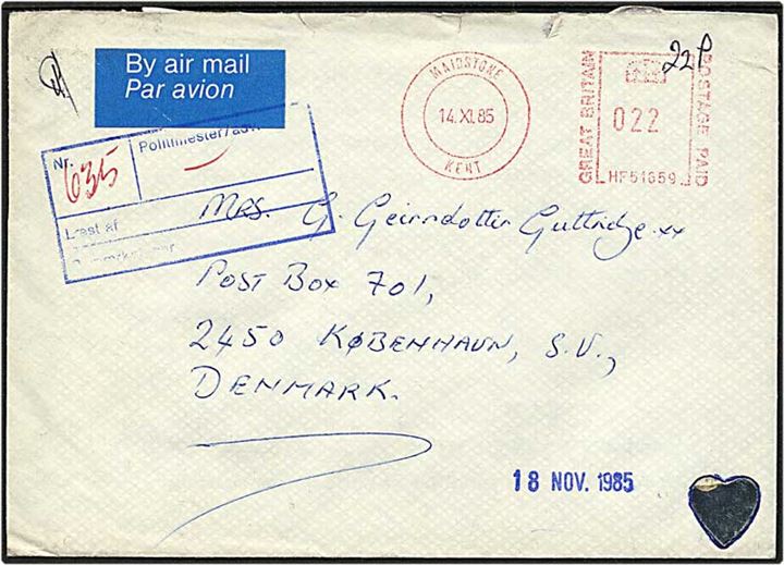 Luftpostbrev fra Kent, England, d. 14.11.1985 til København. Brevet med fængsels censur.