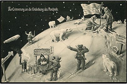 Til minde om opdagelsen af Nordpolen med bl.a. Zeppelin luftskib og isbjørne. Brugt i Stettin 1910.