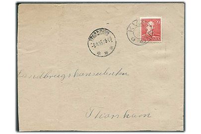 20 øre Chr. X på brev annulleret med udslebet stjernestempel KVALVIG og sidestemplet Thorshavn d. 9.4.1945 til Thorshavn. Beskåret i venstre side.