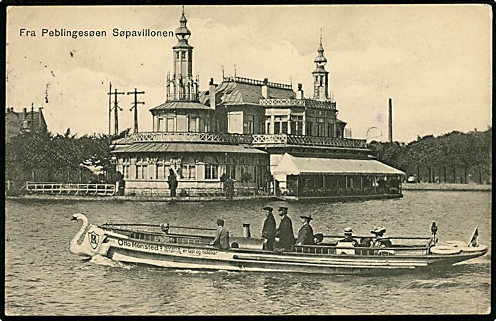 Købh., Sortedamssøen ved Søpavillonen med turbåd med reklame for Otto Mönsteds Svane Margarine. E.H. Lorenzen & Co. no. 6.