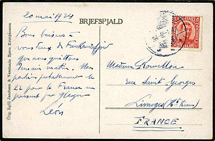 25 aur Chr. X på brevkort (Reykjavik anno 1820) annulleret med svagt stempel d. 24.5.1924 til Limoges, Frankrig.