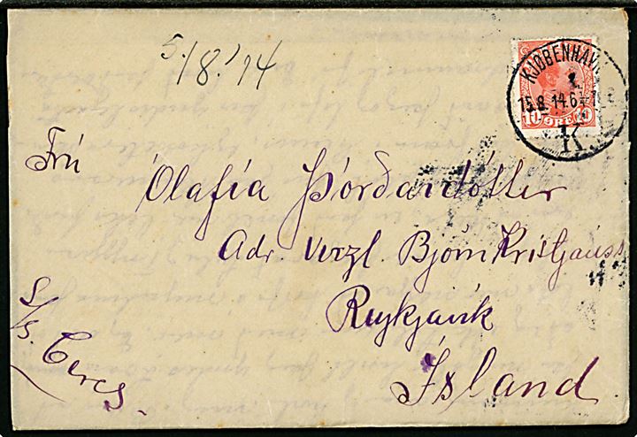 10 øre Chr. X på brev med langt indhold påskrevet S/S Ceres fra Kjøbenhavn d. 15.8.1914 til Reykjavik, Island. 