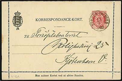 8 øre helsags korrespondancekort med fuld rand annulleret lapidar bureaustempel Struer - Thisted d. 19.7.1895 til København.
