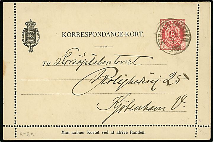 8 øre helsags korrespondancekort med fuld rand annulleret lapidar bureaustempel Struer - Thisted d. 19.7.1895 til København.