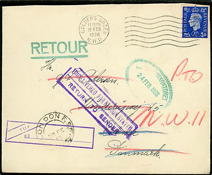 Britisk 2½d George VI på brev fra Golders Green d. 13.2.1938 til Odense, Danmark. Retur via Returpostkontoret med flere stempler og 2-sproget retur-etiket Ubekendt. / inconnu..