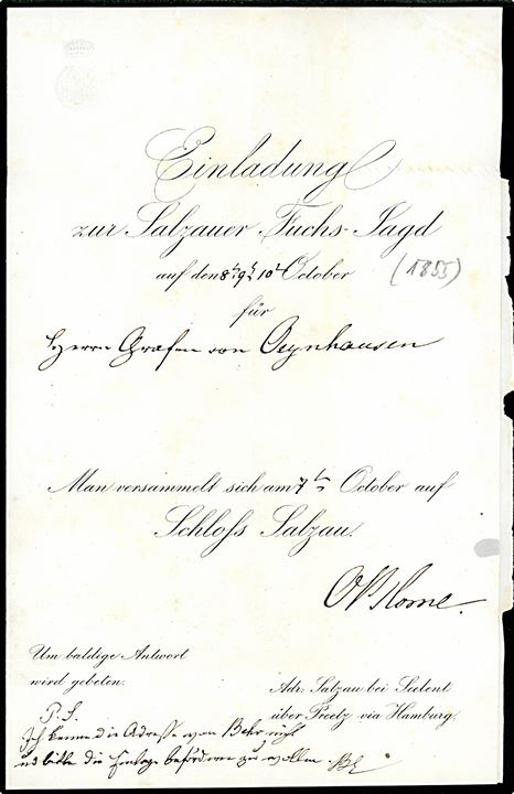 1855. Portobrev med indbydelse til Rævejagt fra Graf Otto von Blome på Schloss Salzau stemplet i Kiel d. 13.9.1855 via K.D.O.P.A. Hamburg til Grafen Oeynhausen, Brahlstorff, Mecklenburg-Schwerin. Flere påtegninger.