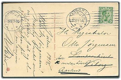 5 øre Chr. X med perfin L.P. (Larsen & Petersen A/S) på brevkort fra Aarhus d. 22.12.1918 til Viborg - eftersendt til Aarhus.