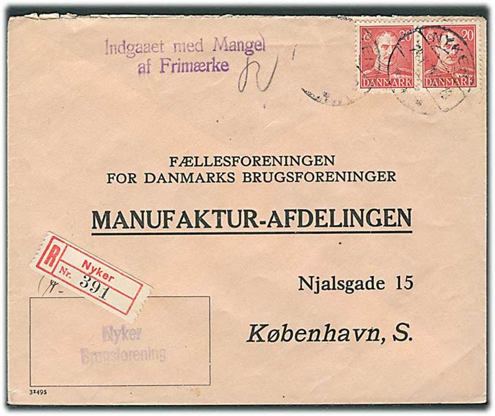 20 øre Chr. X (2) på anbefalet brev fra Nyker d. 24.11.1944 til København. Violet stempel: Indgaaet med Mangel af Frimærke.