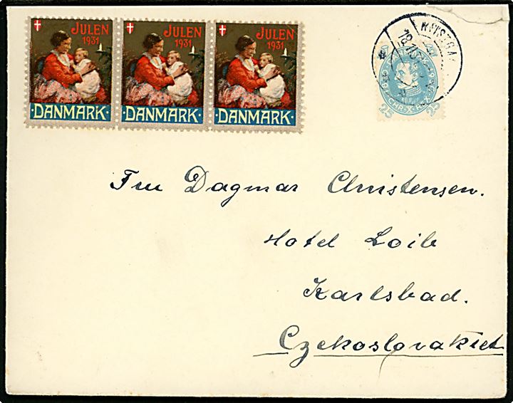 25 øre Chr. X 60 år og Julemærke 1931 (3) på brev fra Kvistgaard d. 18.11.1931 til Karlsbad, Tjekkoslovakiet.