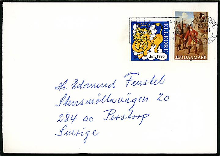 3,50 kr. Tordenskiold og Elleore Julemærke 1990 på brev annulleret Vestsjællands Postcenter d. ?.1.1991 til Perstorp, Sverige.