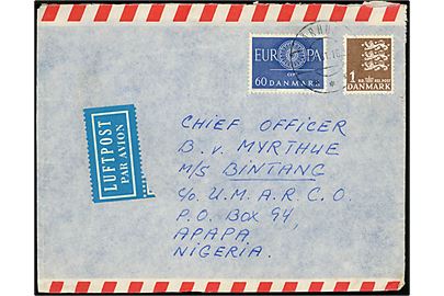 60 øre Europa udg. og 1 kr. Rigsvåben på 160 øre frankeret luftpostbrev fra Århus d. 27.10.1961 til sømand ombord på ØK-skibet M/S Bintang i Apapa, Nigeria, Afrika.