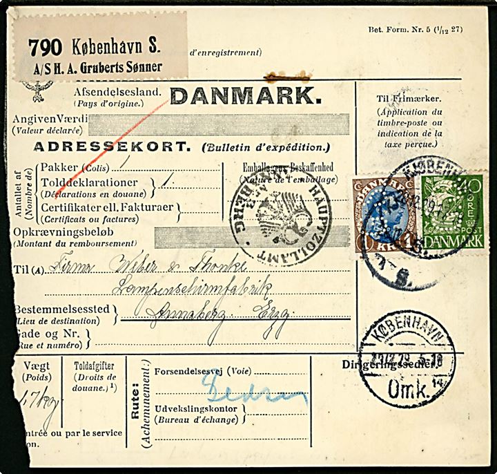 40 øre Karavel og 1 kr. Chr. X med perfin G.S. på internationalt adressekort for selvregistreret pakke fra firma A/S H. A. Gruberts Sønner i København d. 29.12.1929 til Annaberg, Tyskland.