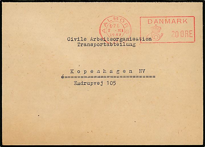 20 øre posthusfranko frankeret brev fra Aalborg 3 d. 2.12.1947 til København. På bagsiden stemplet: Flygtningelejr 49-09 Lufthavn Vest / Poststempel / Nørresundby