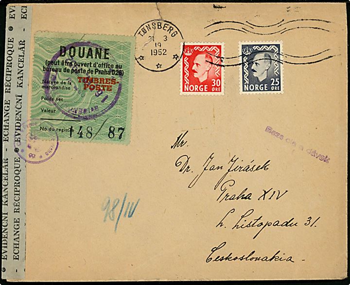 25 øre og 30 øre Haakon på brev fra Tønsberg d. 31.3.1952 til Prag, Tjekkoslovakiet. Åbnet af tjekkisk toldkontrol.