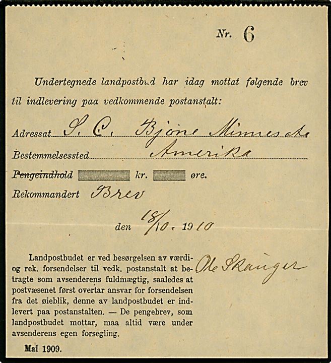 Indleveringskvittering dateret d. 18.10.1910 for afsendelse af anbefalet brev til Minnesota, USA. 