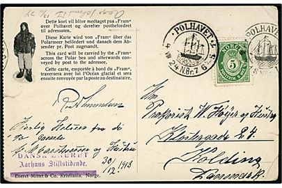 5 øre Posthorn på Polhavet postkort dateret d. 30.12.1913 annulleret med Polhavet stempler i både 1918 og d. 4.8.1924 til Kolding, Danmark. Nusset.