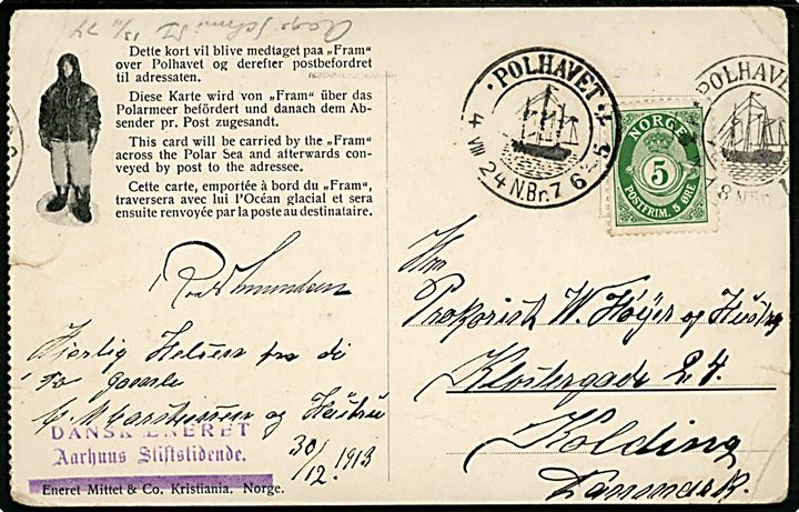 5 øre Posthorn på Polhavet postkort dateret d. 30.12.1913 annulleret med Polhavet stempler i både 1918 og d. 4.8.1924 til Kolding, Danmark. Nusset.