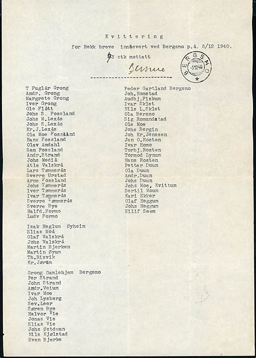 Kvittering for anbefalede breve indleveret ved Bergsmo poståbneri d. 5.12.1940 - i alt 73 stk.