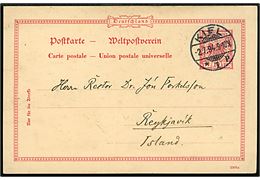 10 pfg. Adler helsagsbrevkort fra Kiel d. 2.7.1894 via Kjøbenhavn d. 3.7.1894 til Reykjavik, Island. På bagsiden ank.stemplet Reykjavik d. 16.7.1894.