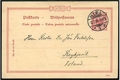 10 pfg. Adler helsagsbrevkort fra Kiel d. 2.7.1894 via Kjøbenhavn d. 3.7.1894 til Reykjavik, Island. På bagsiden ank.stemplet Reykjavik d. 16.7.1894.