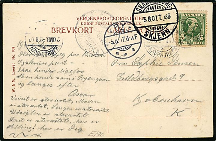5 øre Chr. IX på brevkort (Silkeborg, udsigt fra Knøsen) annulleret med stjernestempel SVEIBÆK og sidestemplet Ry d. 5.8.1907 og bureaustempel Skanderborg - Skjern T.?86 d. 5.8.1907 til Kjøbenhavn.