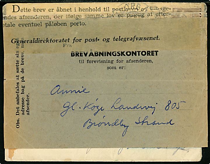 20 øre Fr. IX på brev fra København d. 21.2.1953 til Glostrup. Ubekendt og returneret via Brevåbningskontoret med rødt returmærke og forespurgt i Brøndby Strand.