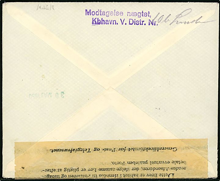 10 øre Bølgelinie på underfrankeret brev fra Gentofte d. 27.5.1950 til København. Retur som Modtagelses Nægtet via Brevåbningskontoret, hvor afsenderadresse er fundet i Gentofte.