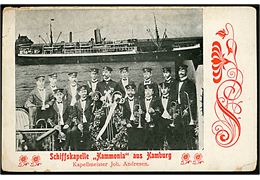 Schiffskapelle Hammonia aus Hamburg med kapelmester Joh. Andresen, samt dampskib. Brugt i København 1906.