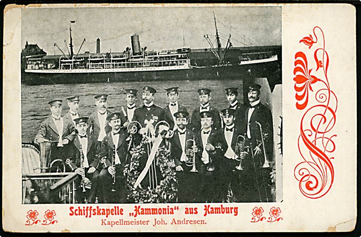 Schiffskapelle Hammonia aus Hamburg med kapelmester Joh. Andresen, samt dampskib. Brugt i København 1906.