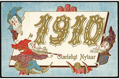 Årstalskort 1910 med nisser. Frankeret med 5 øre Fr. VIII helsagsafklip og sendt fra Kjøbenhavn d. 30.12.1909 til Nykøbing Sj.